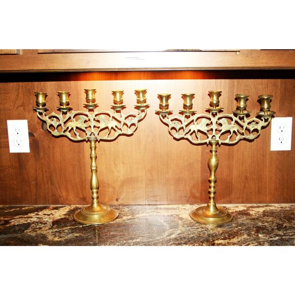 Antique Set of Judea Lions Three-Armed Shabbat Candelabra - Picture 2 of 8